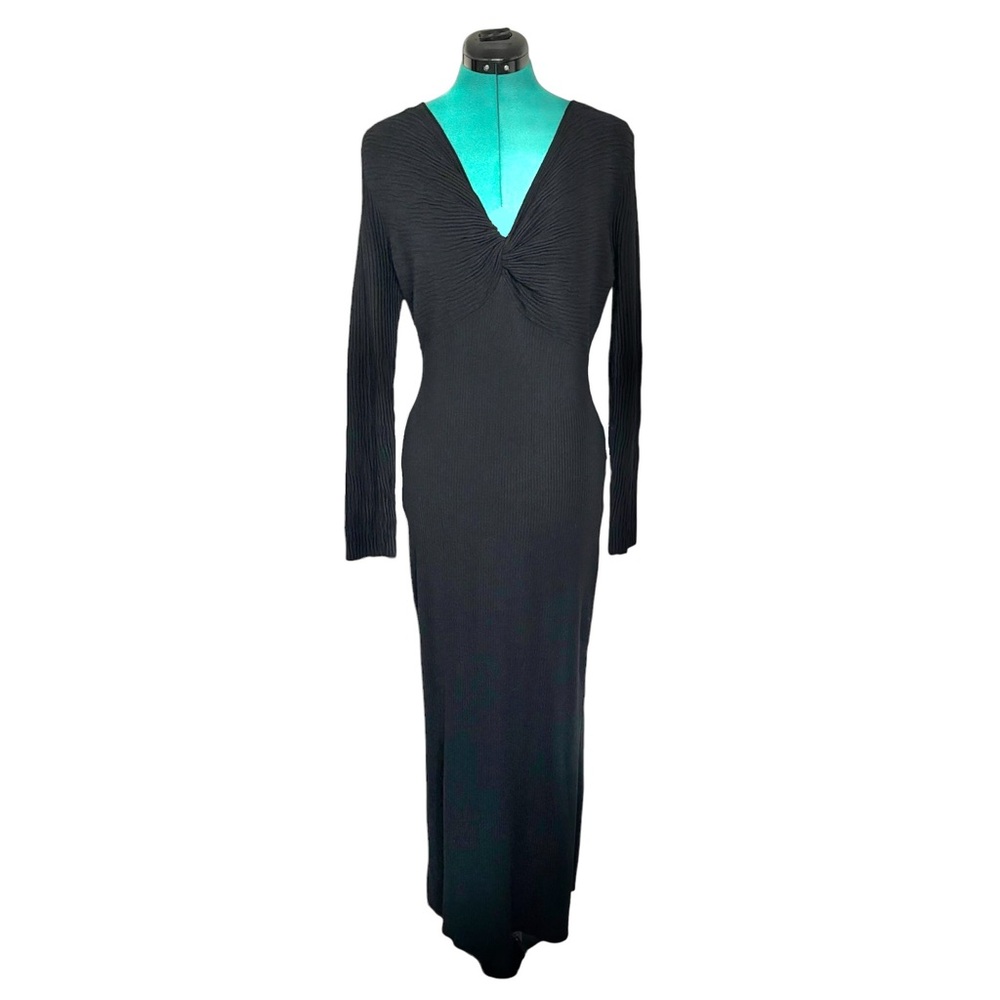 ASTR Ribbed Long Sleeve Black Twist Front Maxi Dress Side Slit